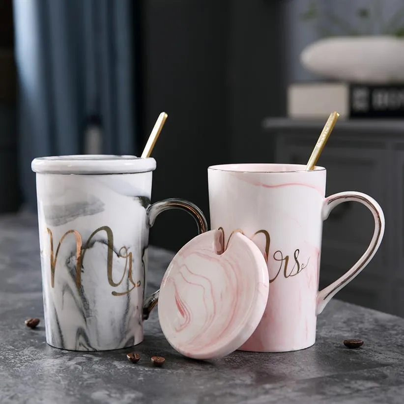 Caneca de cerâmica com estampa de flamingo em mármore, banhada a ouro, sra., presente para casal, caneca da manhã, leite, café, chá, café da manhã criativo c251a