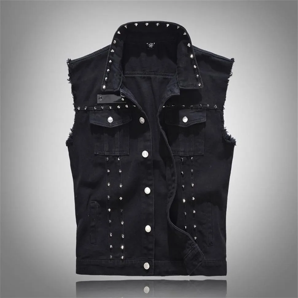 Nuovo 2020 Gilet di jeans da uomo Punk Rock Rivetto Cowboy Jeans neri Gilet Moda uomo Stile motociclista Giacca di jeans senza maniche M- LJ201245j