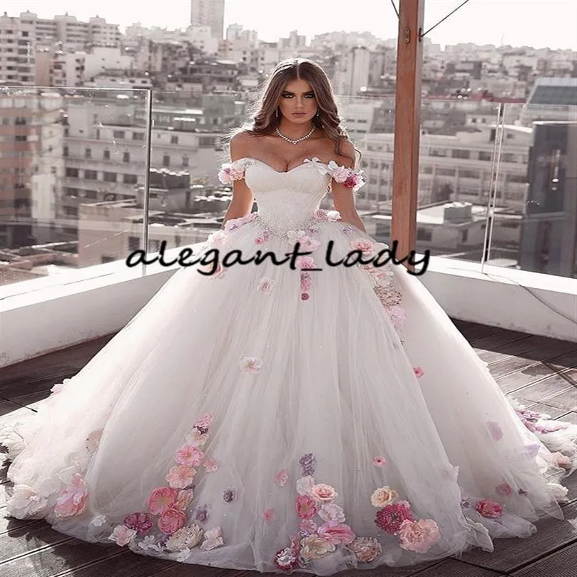 Luxury Ball Gown Wedding Dresses 2023 Sweetheart Off Shoulder Pink Flower Bridal Gown Backless Sweep Train Bride Dress Plus Size245m