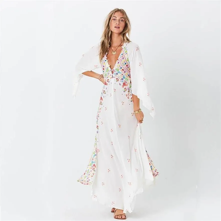 Bohe Maxi Dress Women v Neck Floral Print Kimono Flare Sleeve Beach Summer Disual Button Long Long Lourd Femme Dresses234L