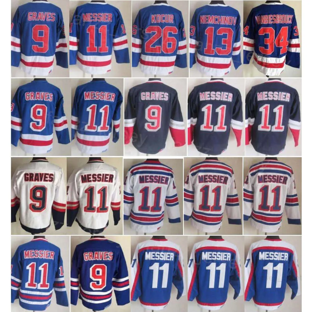 Man Vintage Hockey 9 Adam Graves Jerseys Retro Classic 13 Sergei Nemchinov 26 Joe Kocur 34 John Vanbiesbrouck 11 Mark Messier 91-92 75e anniversaire CCM Blue White