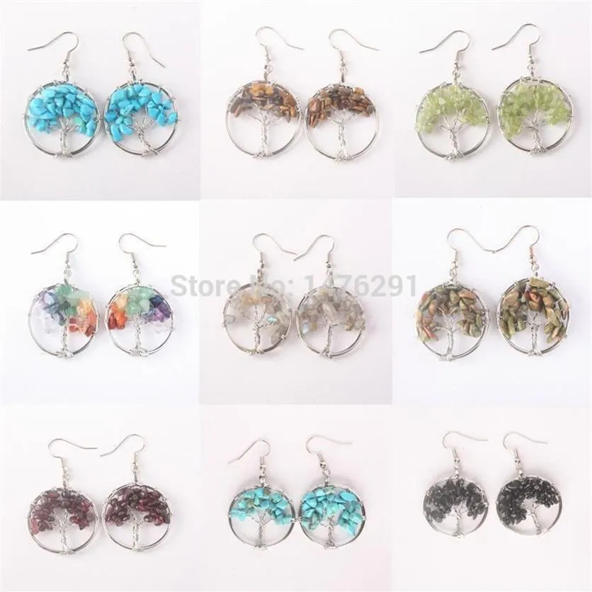 Tree Of Life Wire Wrapped Tumbled Stone Beads Round Dangle Drop Hook Earrings 1pair1226O