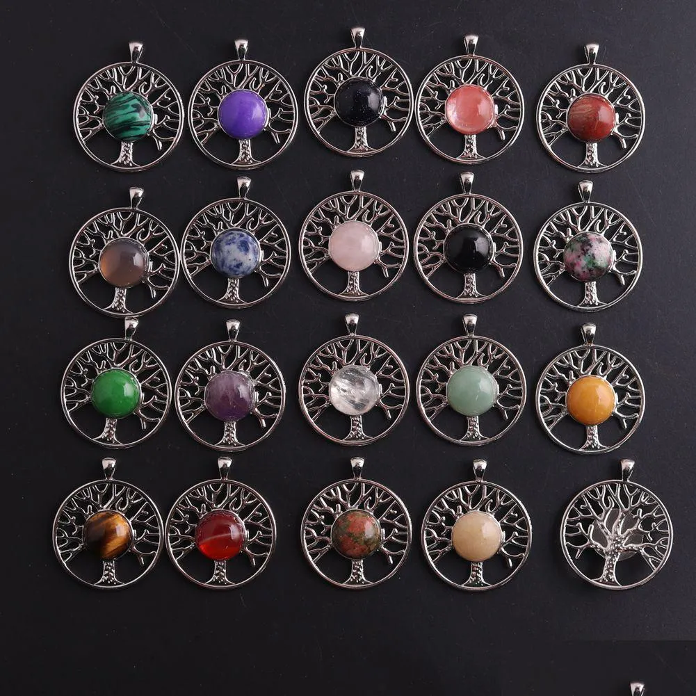 Charms 33X40Mm Tree Of Life Alloy Natural Stone Heart Pendant Energy Rose Quartz Opal For Girls Women Gift Necklace Jewelry Making Who Dh5El