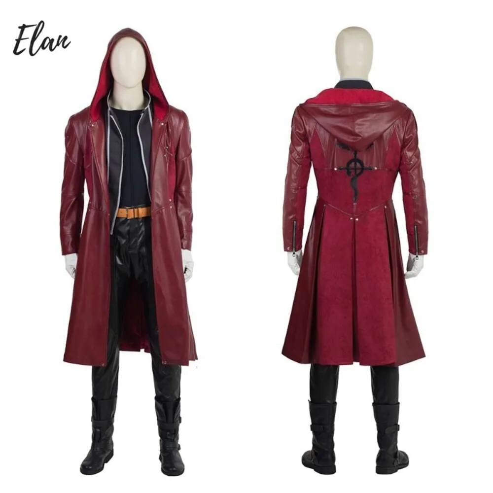 Halloween Anime Kleidung Verkleidung Edward Elric Cosplay Kostüm Alchemist Rotes Leder Lange Trenchcoat Outfit Benutzerdefinierte Größe