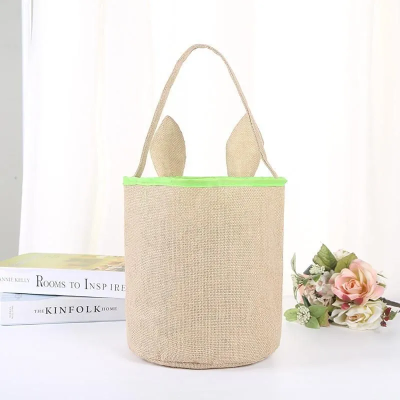 Burlap Happy Easter Basket with Bunny Ears Baskets Jute Bucket Tote Bag Cute Easter Eggs Gift Handbag DIY Rabbit Ears Put Storage Bags