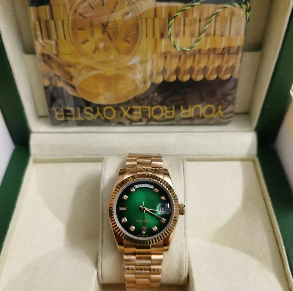 2024 Certificato di scatola originale Oro 8k Presidente Orologi maschili Giorno Data Quadrante verde Orologio da uomo Lunetta in acciaio Orologio da polso automatico 41mm