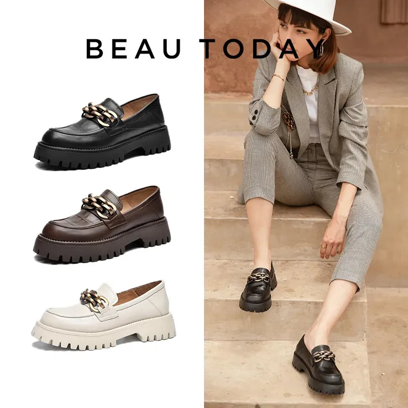 Sapatos de vestido BeauToday Chunky Loafers Mulheres Genuína Vaca Couro Plataforma Sapatos Redondo Toe Metal Chain Slip em Senhoras Flats Handmade 27748 231006