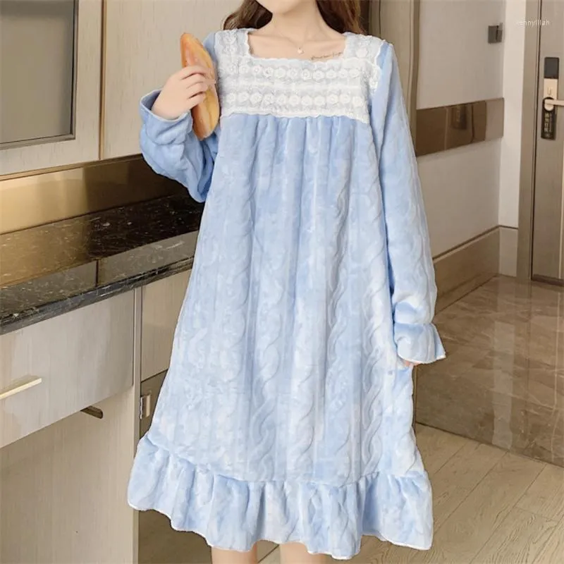 Mulheres sleepwear princesa doce sexy oversize nightgowns mulheres gola quadrada renda flanela chique térmica midi nightdress sleepshirts homewear