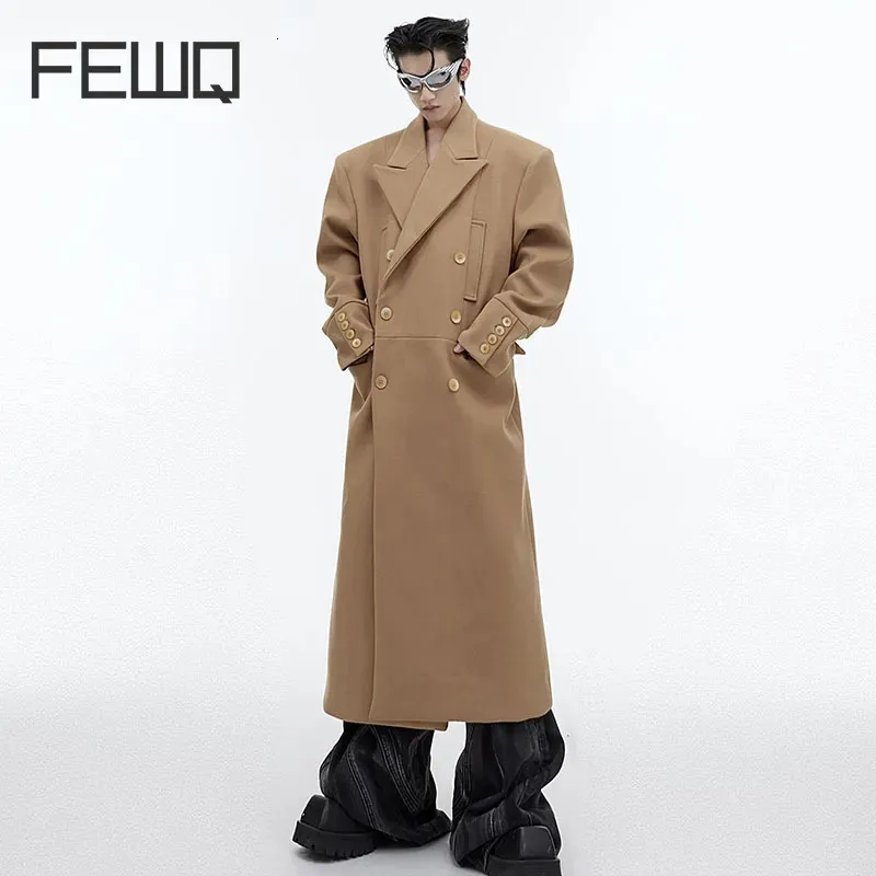 Misturas de lã masculina Fewq Men Trench Nicho Ombro Pad Casaco de pele Simples Casual Longo Na altura do joelho 2023 Cor sólida High Street Masculino Tops Outono 24X1711 231005