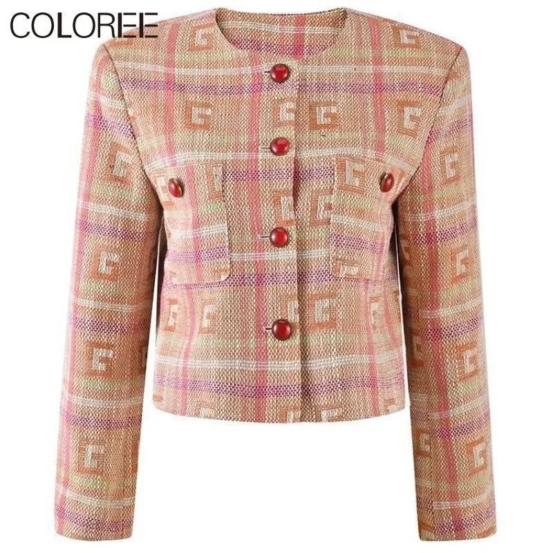 Jaquetas femininas moda coreana casaco de inverno mulheres designer de luxo elegante o-pescoço curto tweed jaqueta rosa xadrez abrigos para mujeres 231006