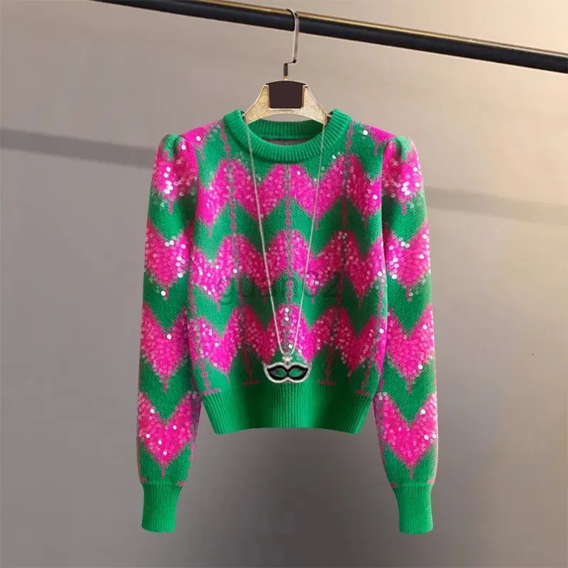 Women's Sweaters Vintage Patchwork Sequins Sweater Women O-Neck Knitted Pullover 2023 Autumn Winter Puff Sleeve Tops 230927