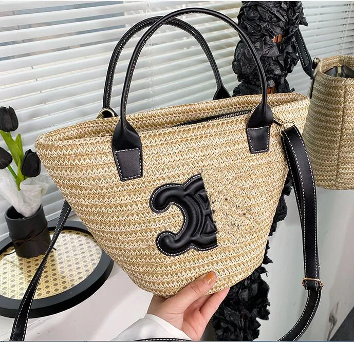 Designer saco de verão moda feminina tecido cesta vegetal saco arco de praia saco balde palha moda luxo bolsa sacos ombro