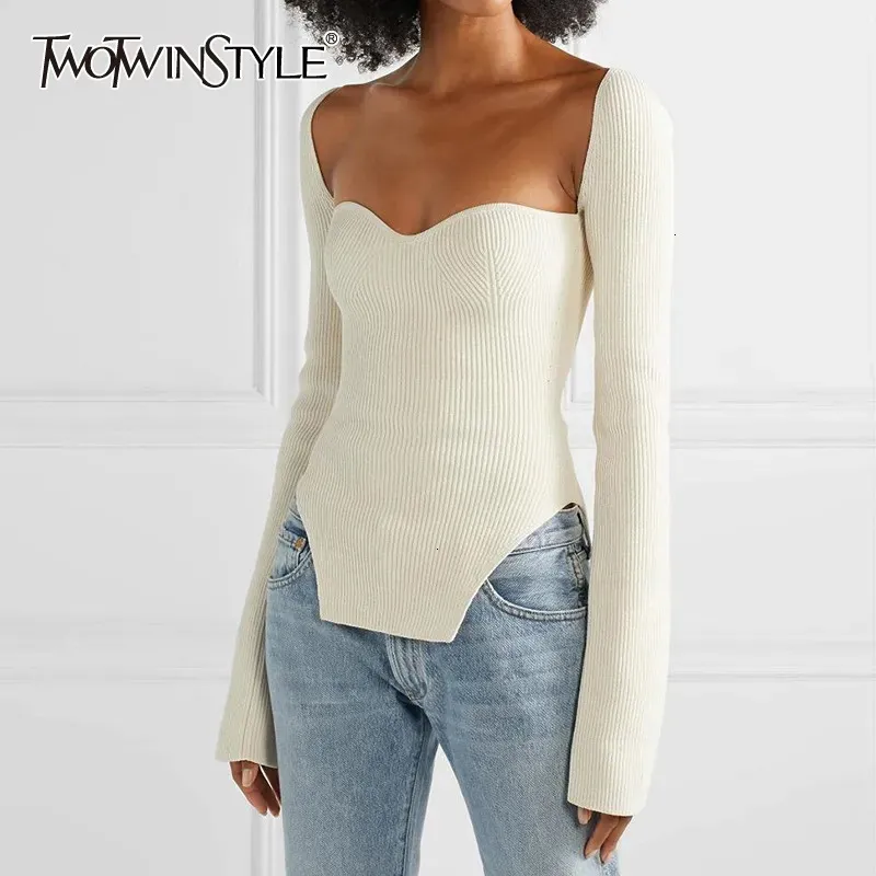 Kvinnors tröjor Twotwinstyle White Side Split Sticked Women's Sweater Square Collar Long Sleeve Sweaters Kvinnliga höstens modekläder 231005