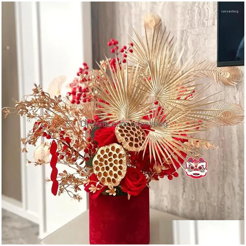 decorative flowers artificial gold plant golden plam tree leaves fake wedding arrangement po props christmas birthday party home decor