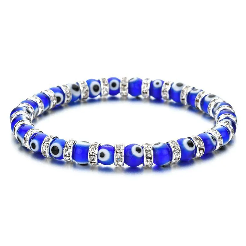 Bracelets de charme Colorf Turc Bleu Mauvais Oeil 6mm Poisson Rouge Strass Perles Élasticité Bracelet Pour Hommes Femmes Bijoux Drop Livraison Dhsgq