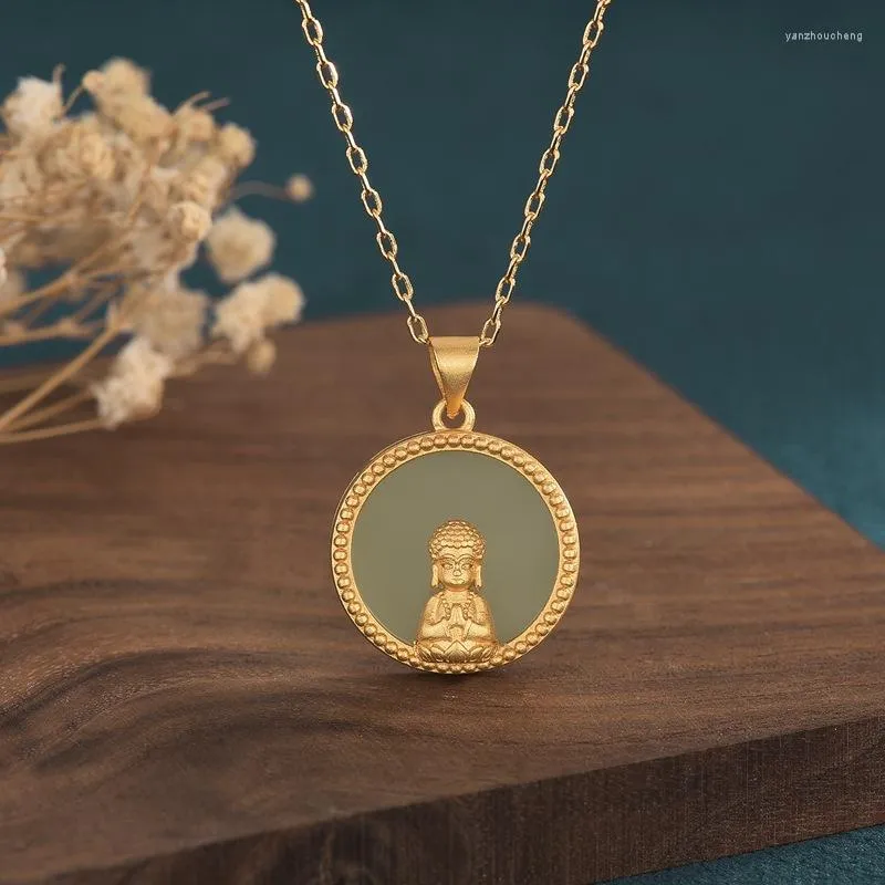 Pendant Necklaces 2023 Copper Gold-Plated Sapphire Round Maitreya Buddha Statue For Men And Women China Style Religion Jewelry