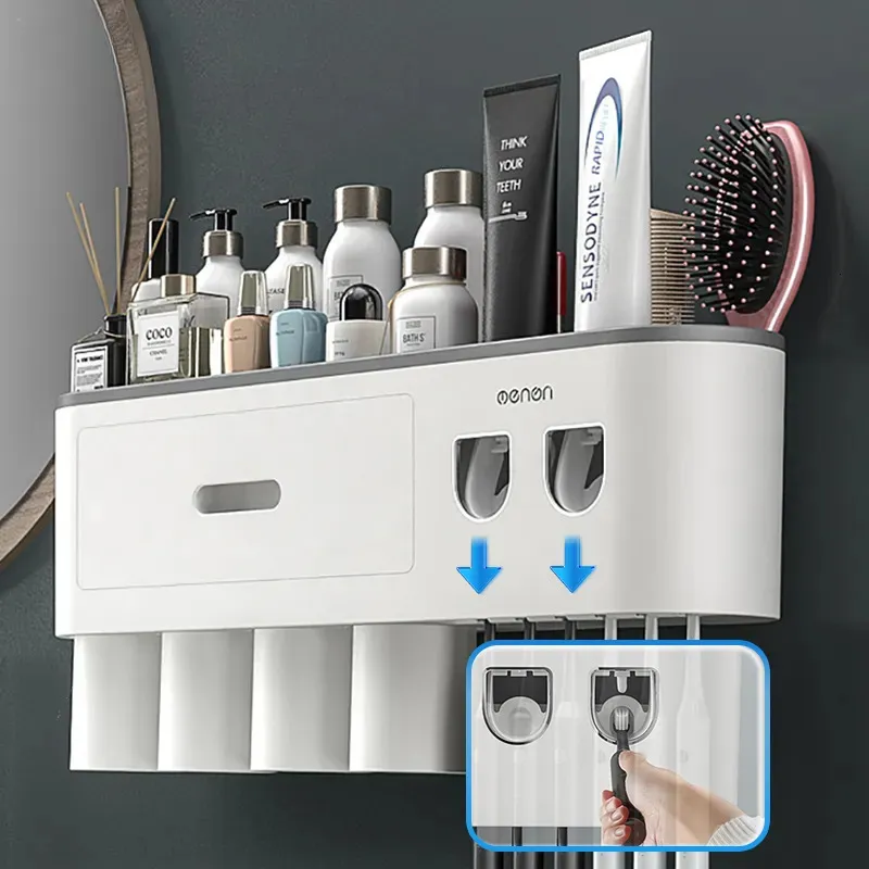 Porte-brosse à dents porte-brosse à dents magnétique support de rangement mural tasses avec 2 distributeur de dentifrice pour organisateur à domicile ensemble d'accessoires de salle de bain 231005