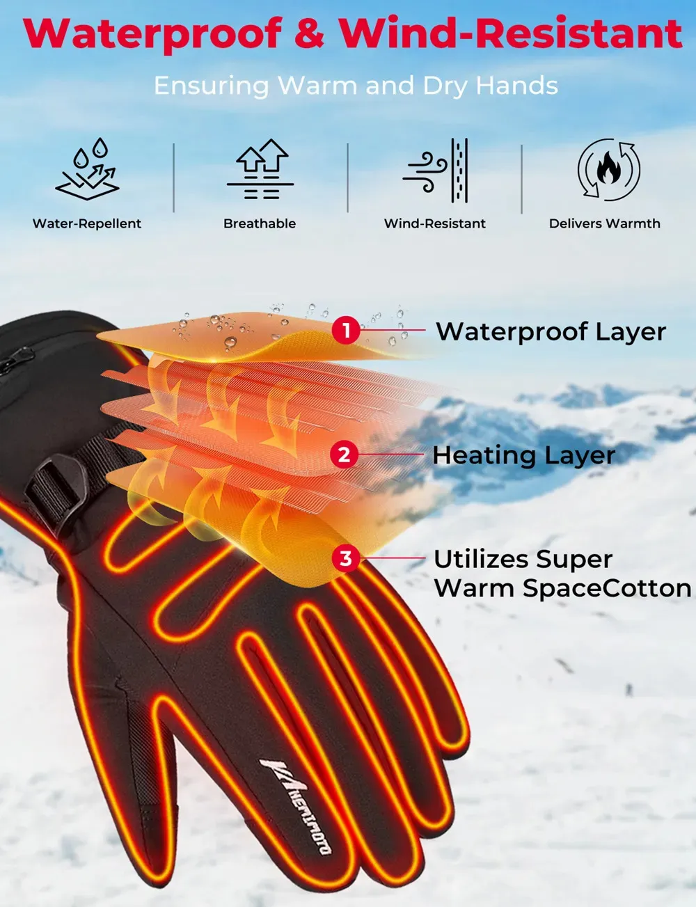 Ski Gloves KEMIMOTO Electric Heated Gloves Skiing Winter Snow
