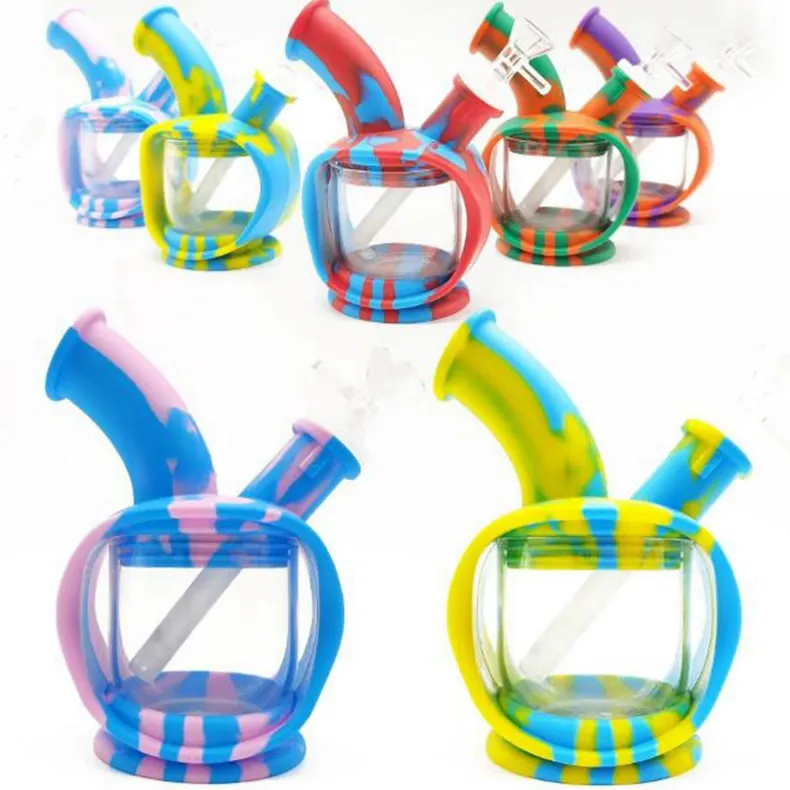 Colorful Smoking Silicone Bong Pipes Kit Apple Christmas Eve Style Travel Bubbler Tobacco Filter Funnel Spoon Bowl Oil Rigs Waterpipe Dabber Holder