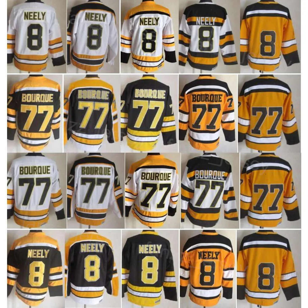 Homme Vintage Hockey 8 Cam Neely Jerseys Rétro 77 Ray Bourque Classique CCM 75 Anniversaire Retraite Pull Toutes Les Coutures Couleur De L'équipe Noir Blanc Jaune Pour Les Fans De Sport