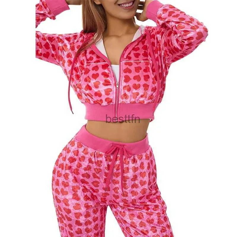 Herenjassen Y2K Fluwelen hartprint Cropped Top Bomberjack met capuchon Dames Lente Schattig Roze Lange mouwen Jassen Rits Winter Jaren '90 OverjasL231006