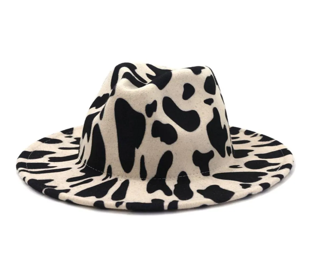 Chapeau en feutre de Jazz imprimé vache, Style britannique et américain, chapeaux Fedora en fausse laine pour femmes et hommes, à large bord, Panama, fête formelle, Hat5797078