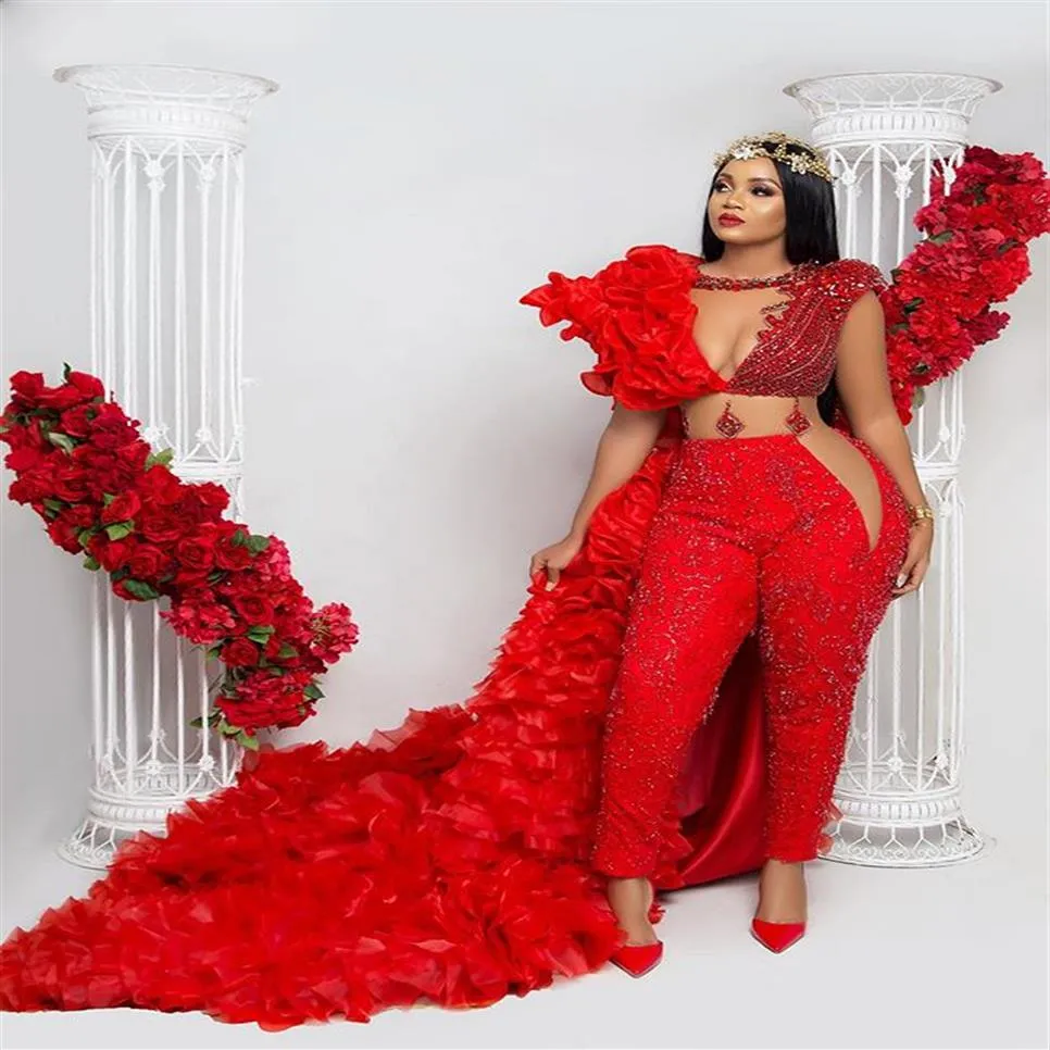 Luxury Beading Red Jumpsuits Prom Dresses With Detachable Skirt African Crystal Ruffles Evening Dress Plus Size Formal Party Pagea3201