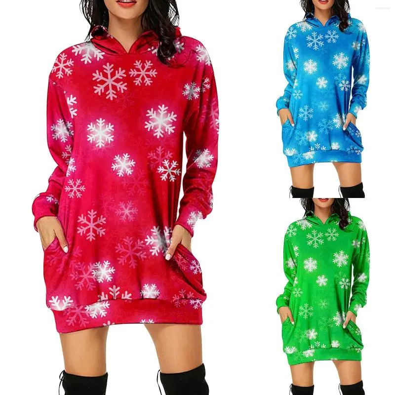 Hoodies femininos mulheres vestido natal gradiente floco de neve padrão manga longa com capuz túnica moletom bolsos pulôver jumper