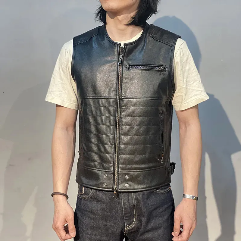 Men's Vests Spring Summer Motorcycle Leather Vest Men's Slim Fit Short Round Neck Collar Top Layer Cowhide Waistcoat 231005