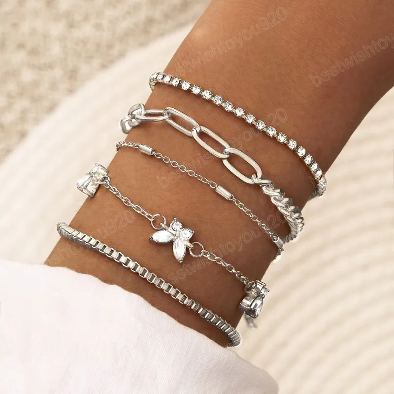 Boheemse Zilveren Kleur Armband Set Voor Vrouwen Strass Vlinder Charme Tennis Chain Bangle Meisjes Mode Partij Sieraden