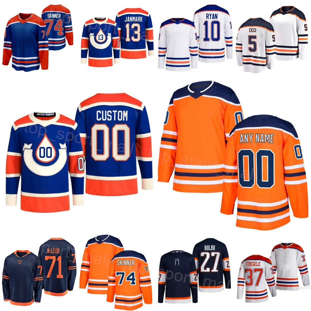 Team Hockey 37 Maglie Warren Foegele 13 Mattias Janmark 74 Stuart Skinner 71 Ryan McLeod 27 Brett Kulak 10 Derek Ryan 5 Cody Ceci Blu navy Arancione Bianco Uomo Donna Gioventù