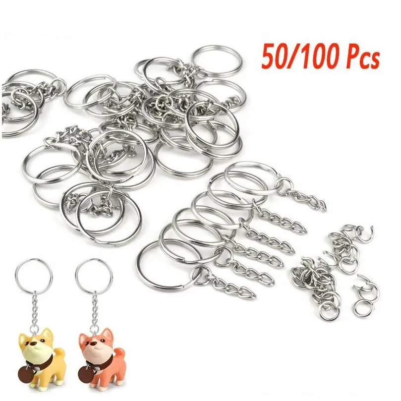 Porte-clés Longes 50/100 pièces 25Mm bricolage porte-clés couleur argent poli porte-clés porte-clés chaîne courte anneau fendu anneaux accessoires Dro Otokt