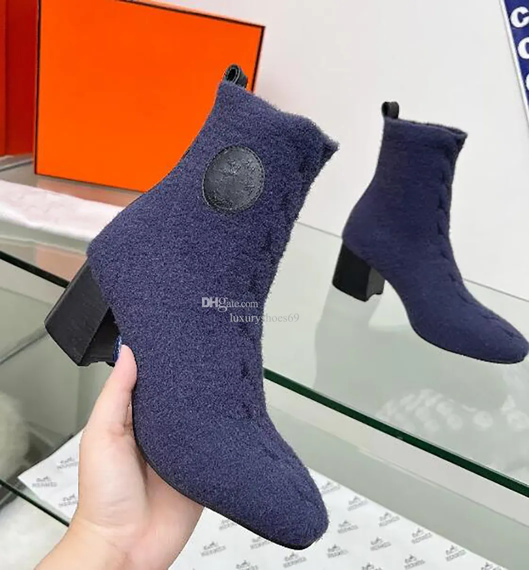 popular Knitted Elastic Women's Socks Boots Horseshoe Thick Heel British Style Naked Boots Heel Height 6cm Comfortable Sexy Boots Eu35-41 with box