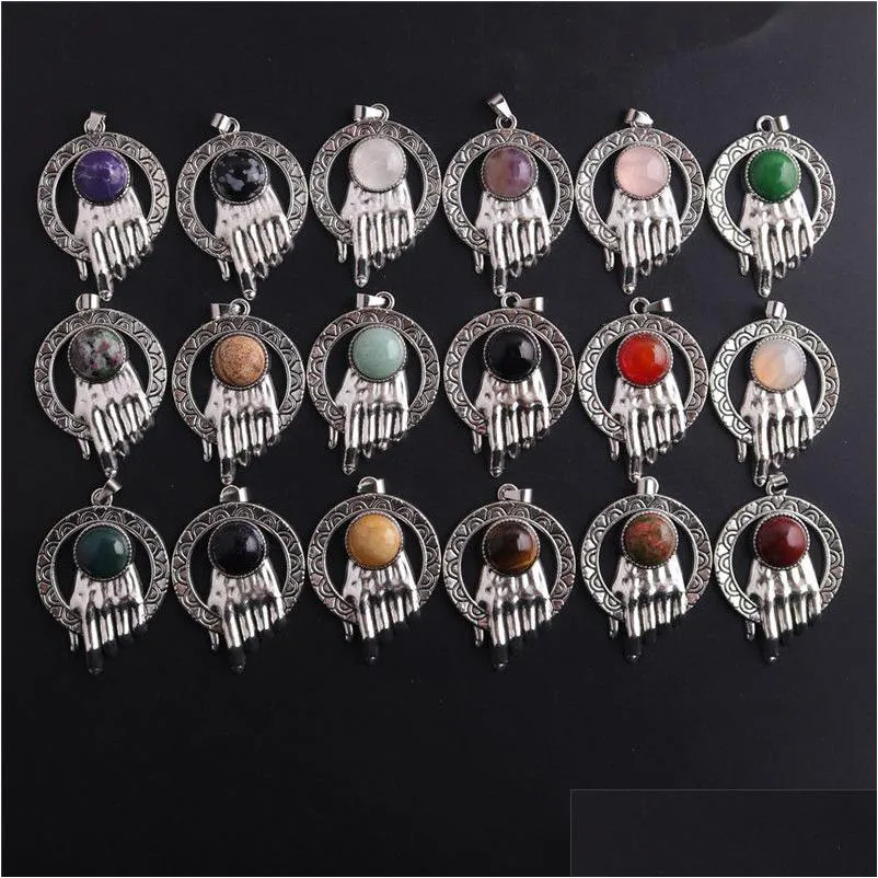 Charms Fatima Hand Legering Natuursteen Hanger Energie Rozenkwarts Opaal Voor Meisjes Vrouwen Cadeau Ketting Sieraden Maken Groothandel Drop Del Dhlvl