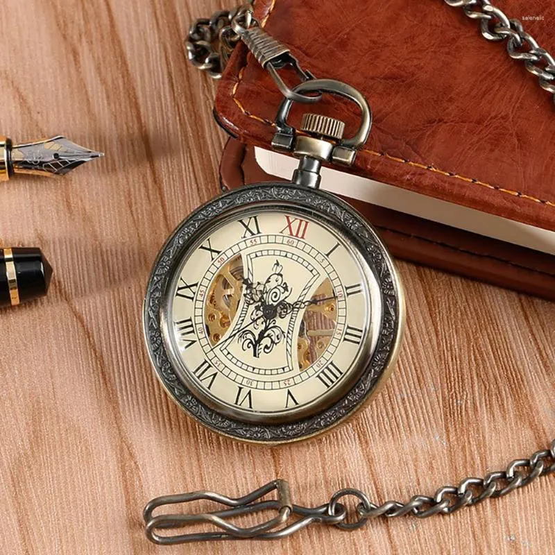Pocket Watches Vintage Bronze Capless Mechanical Watch For Men Women Hand-Winding Pendant Clock Transparent Skeleton Roman Numerals Dial