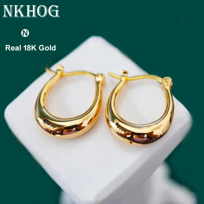 Hoop Huggie NKHOG réel 18K boucles d'oreilles en or pour femmes pur AU750 à la mode Ushape luxe Vintage oreille accessoires dame Fine bijoux cadeau 231005