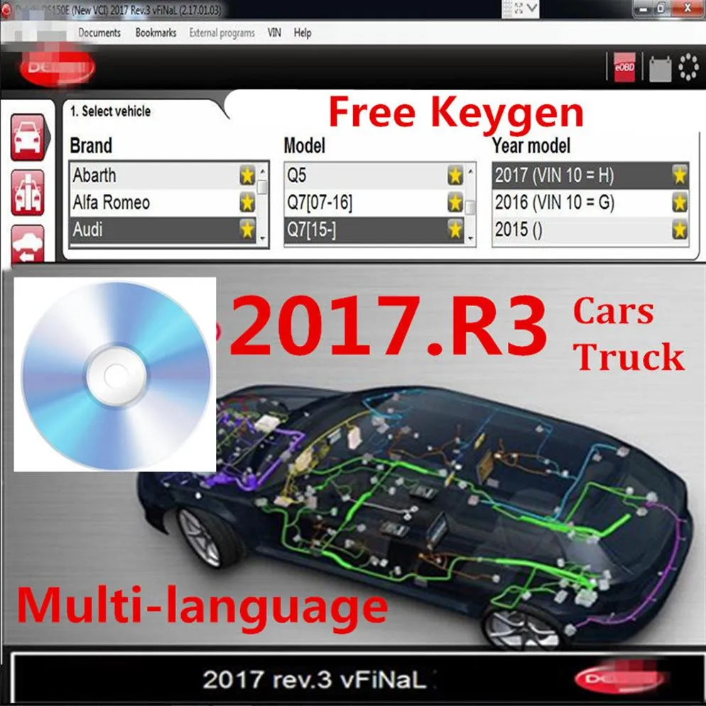 2021 Delphis 150E Multidiag VD DS150E用のKeygen DVD CDを備えた2017年の最新R3車とトラック299O