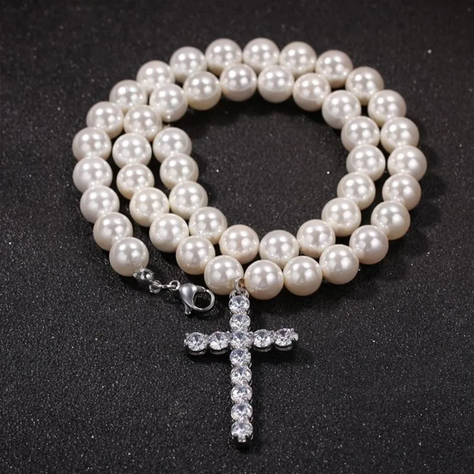 Fashion Mens Pearl Beaded Necklace Hip Hop Jewelry Iced Out Cross Pendant Halsband 8mm 10mm2733