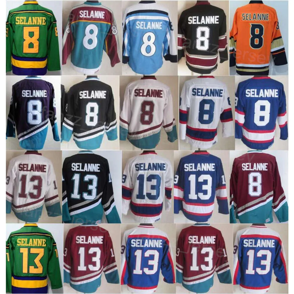 Homme Vintage Hockey 8 13 Teemu Selanne Retro Jerseys Classique CCM Mighty Violet Blanc Noir Bleu Rouge Vert Orange Retraite Couleur de l'équipe Respirant pour les fans de sport Cousu