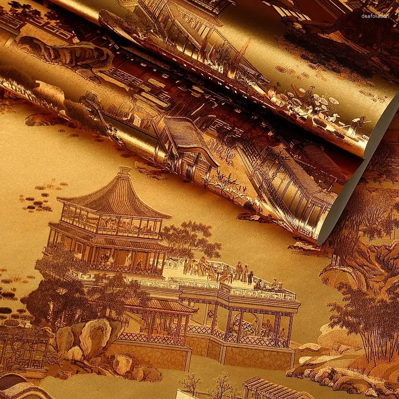 Duvar Kağıtları Altın 3d Qingming Riverside TV arka plan restoran el kutusu retro Çin altın folyo ev dekor