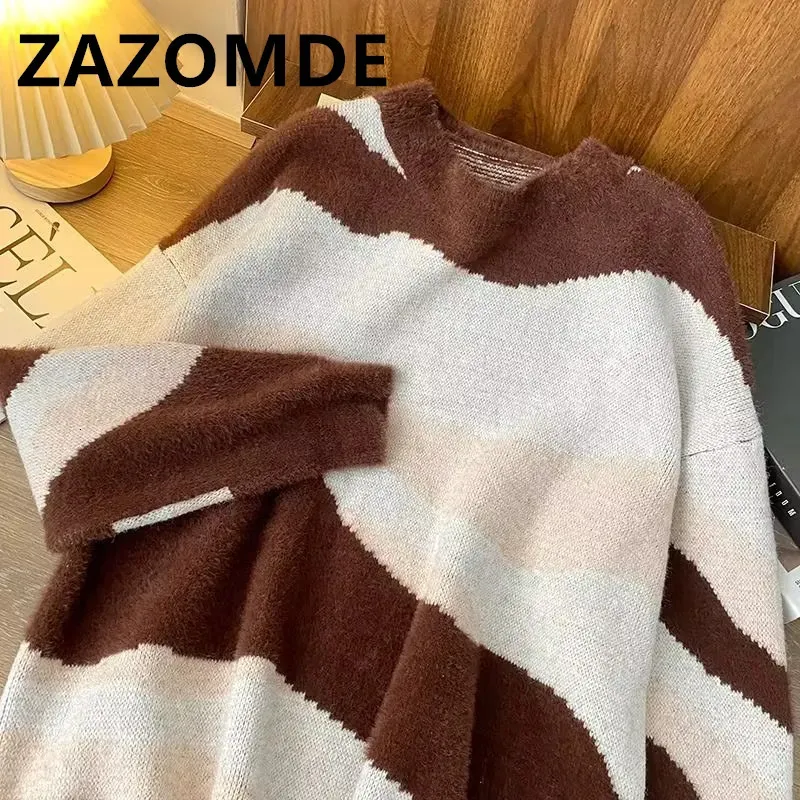 Herrtröjor Zazomde kausal randig pullover män vintage kontrast stickad tröja överdimensionerad casual streetwear harajuku unisex jumper kläder 231005