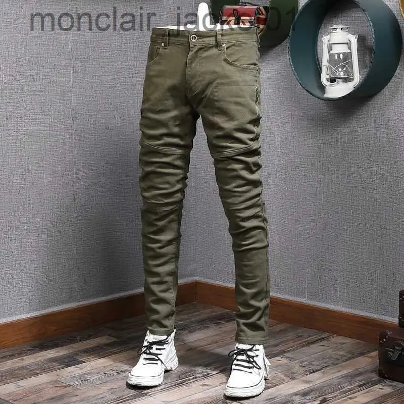 Męskie dżinsy streetwear moda mody dżinsy armii zielone elastyczne slim fit splated designer motocyklowy dżinsy mężczyźni rozciągają hip hop dżinsowe spodnie J231006