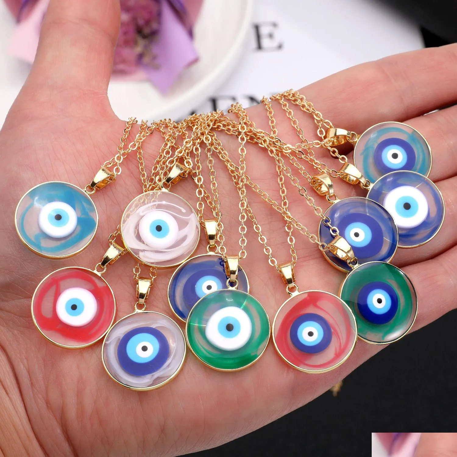 Pendentif Colliers Blooming Colorf Turc Bleu Mauvais Oeil Collier Pour Femmes Nouveau À La Mode Chanceux Clavicule Chaîne Collier Bijoux Dr Dhgarden Dhn42