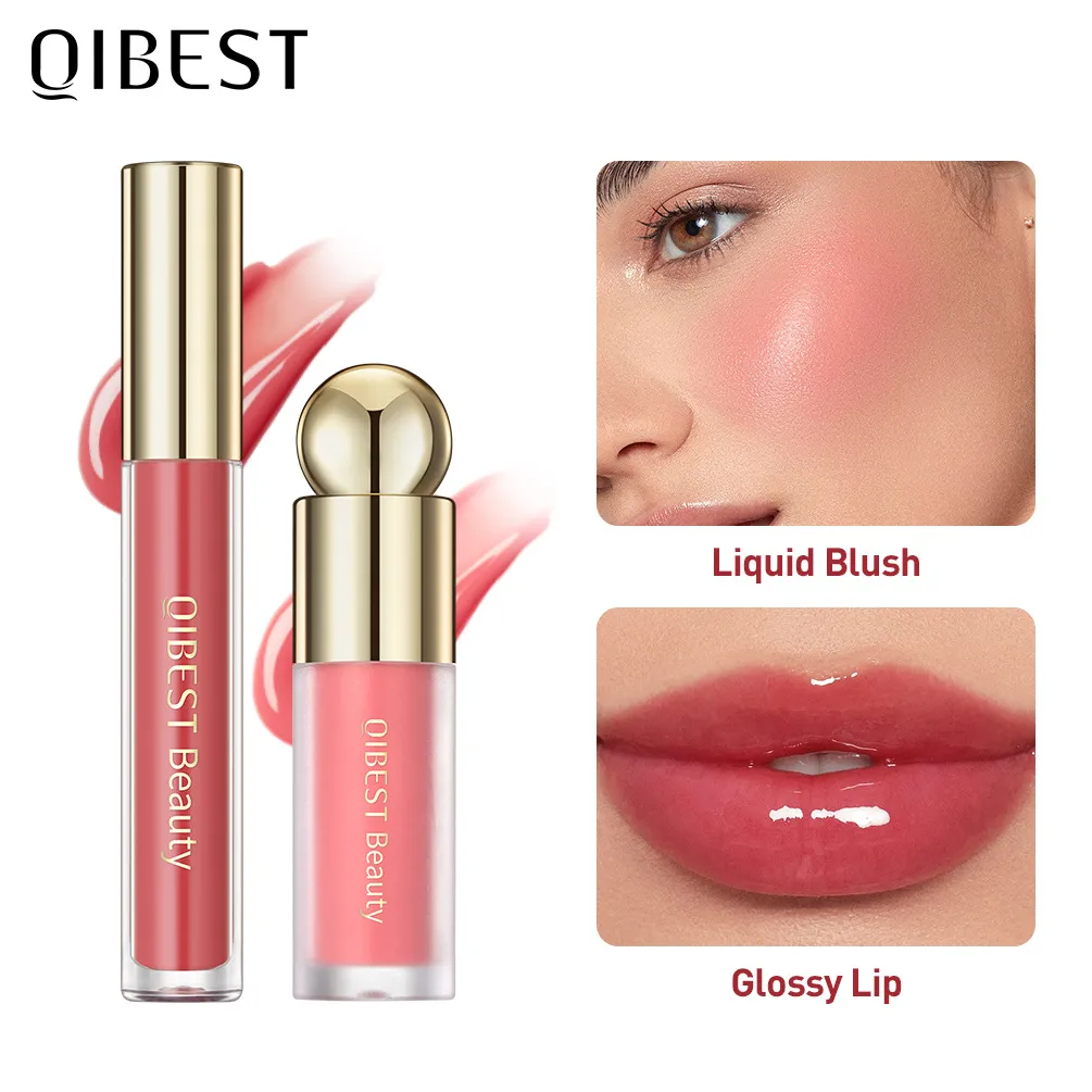 QIBEST Nieuwe Matte Vloeibare Blush Fluwelen Lipgloss Sets Gezicht Blusher Pigment Blijvende Cheek Tint Rouge Blush Vloeibare Lipstick Make-Up