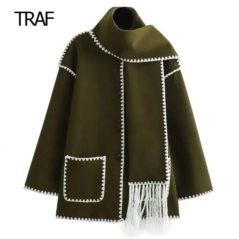 Giacche da donna TRAF Cappotto verde in tweed Cappotto da donna semi-stagionale Manica lunga Bottone superiore Capispalla Chic ed elegante Donna Abiti autunnali 231006