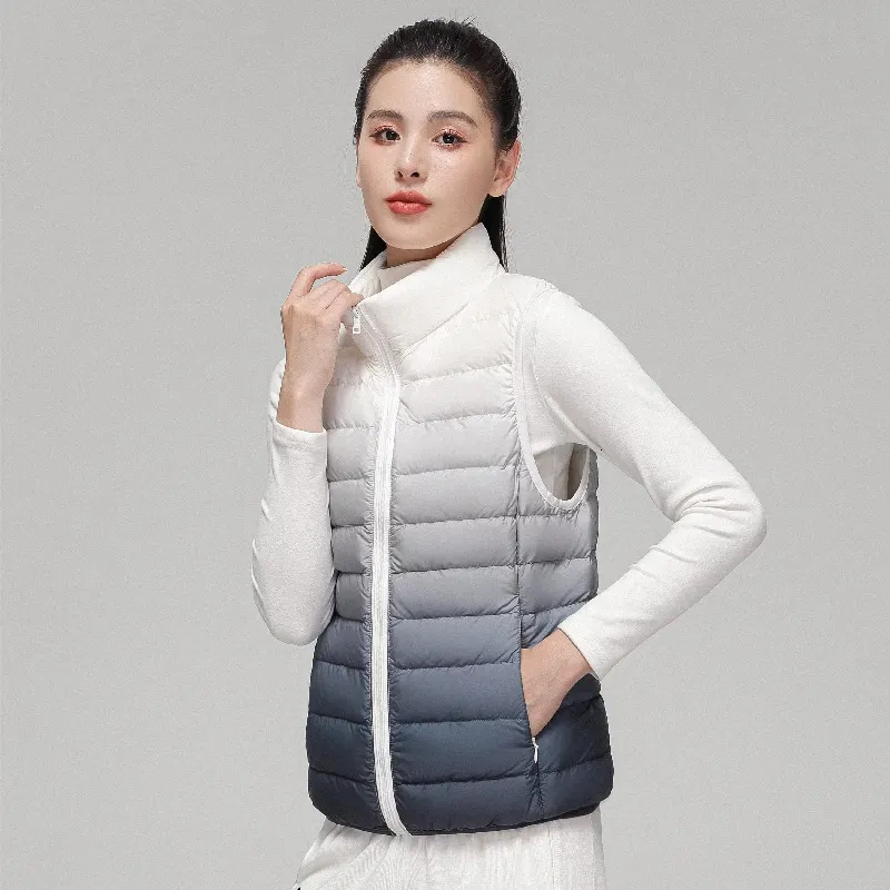 Women's Down Parkas Women Fashion Gradient Ultra Light Down Vest Spring/Autumn Female Stand Collar Slim Fit Sleeveless Puffer Jacket 231005