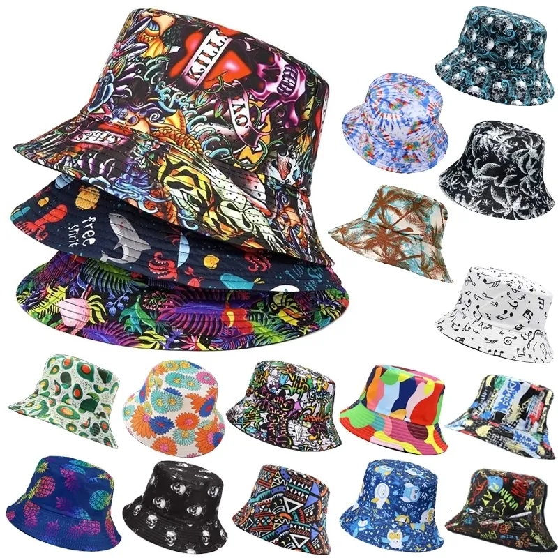 Cappelli a tesa larga Secchiello Panama Animal Letter Print Cappello da pescatore Cappello estivo da sole per donna Uomo Berretto da pesca reversibile 231005