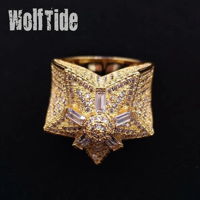 Iced Out CZ Hip Hop Pentagram Star Mens Ring Band New personalized Top Quality Cubic Zirconia Gold Full Diamond Street Rapper Fing308z