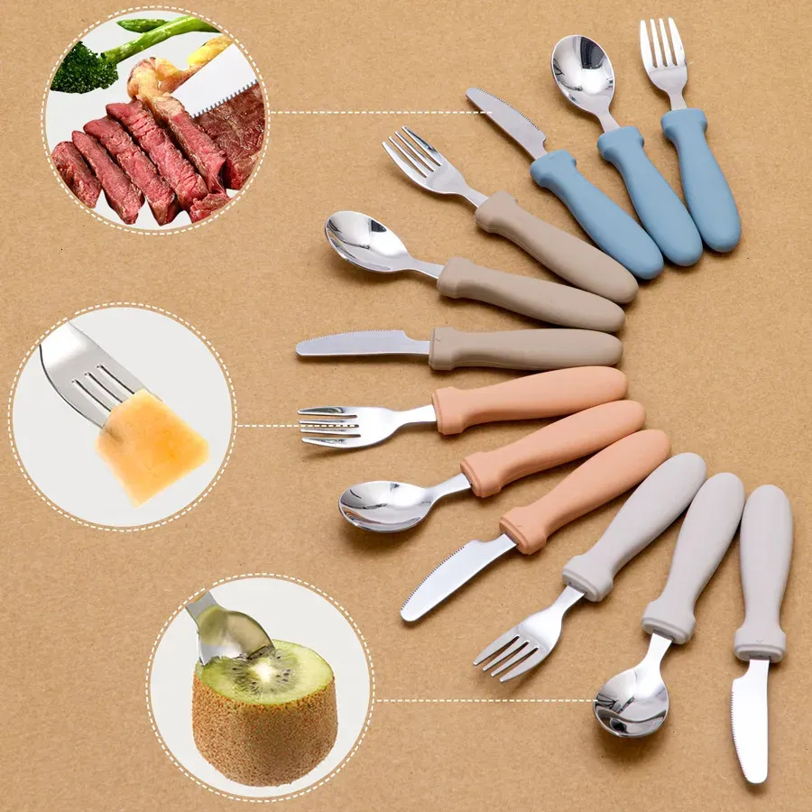 Cups Dishes Utensils Baby Feeding Silicone Handle Stainless Steel Spoon Fork And Knife Set Baby Training Utensils Weaning Children's Tableware 231006