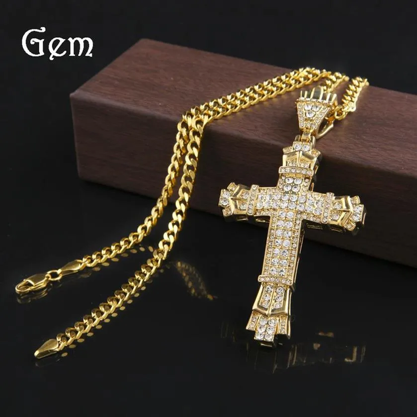 Gold Diamant Kreuz Anhänger Halskette Für Männer Hip Hop Ornamente Schmuck Anhänger Halsketten Mode Zubehör Whole246E